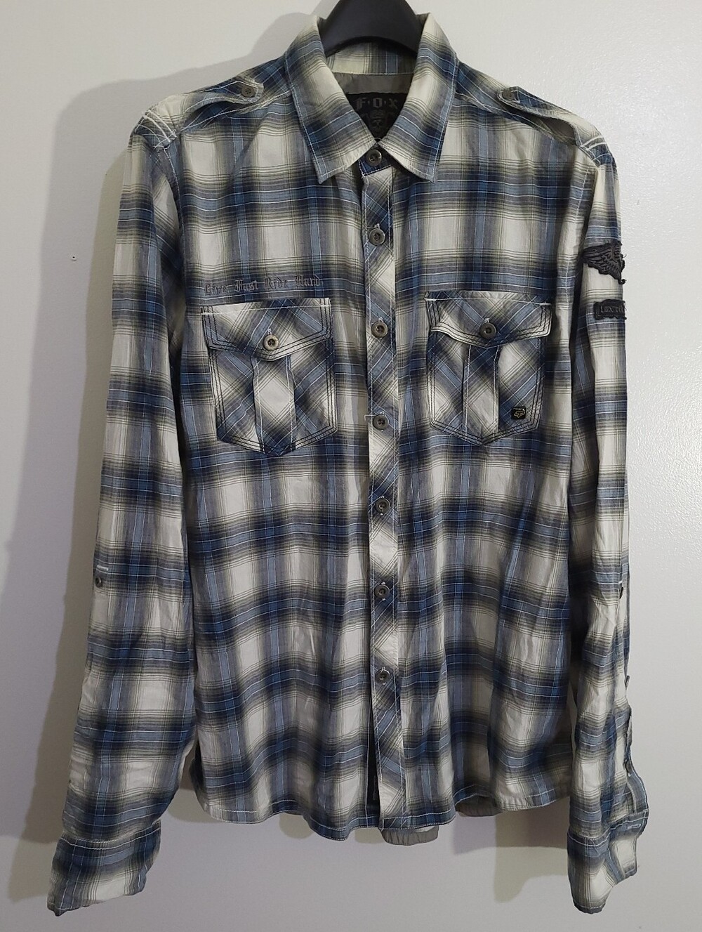 Fox Racing Blue & Gray Plaid Button Shirt Long Sleeve Cotton Size XL